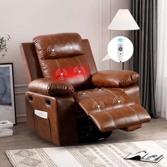 Recliner Chair with Massage and Heat, Modern Swivel Reclining Chair with Remote Control and Side Pocket, Adjustable Glider Rocker Recliner Chair for Living Room, Bedroom, Lounge, Brown-0