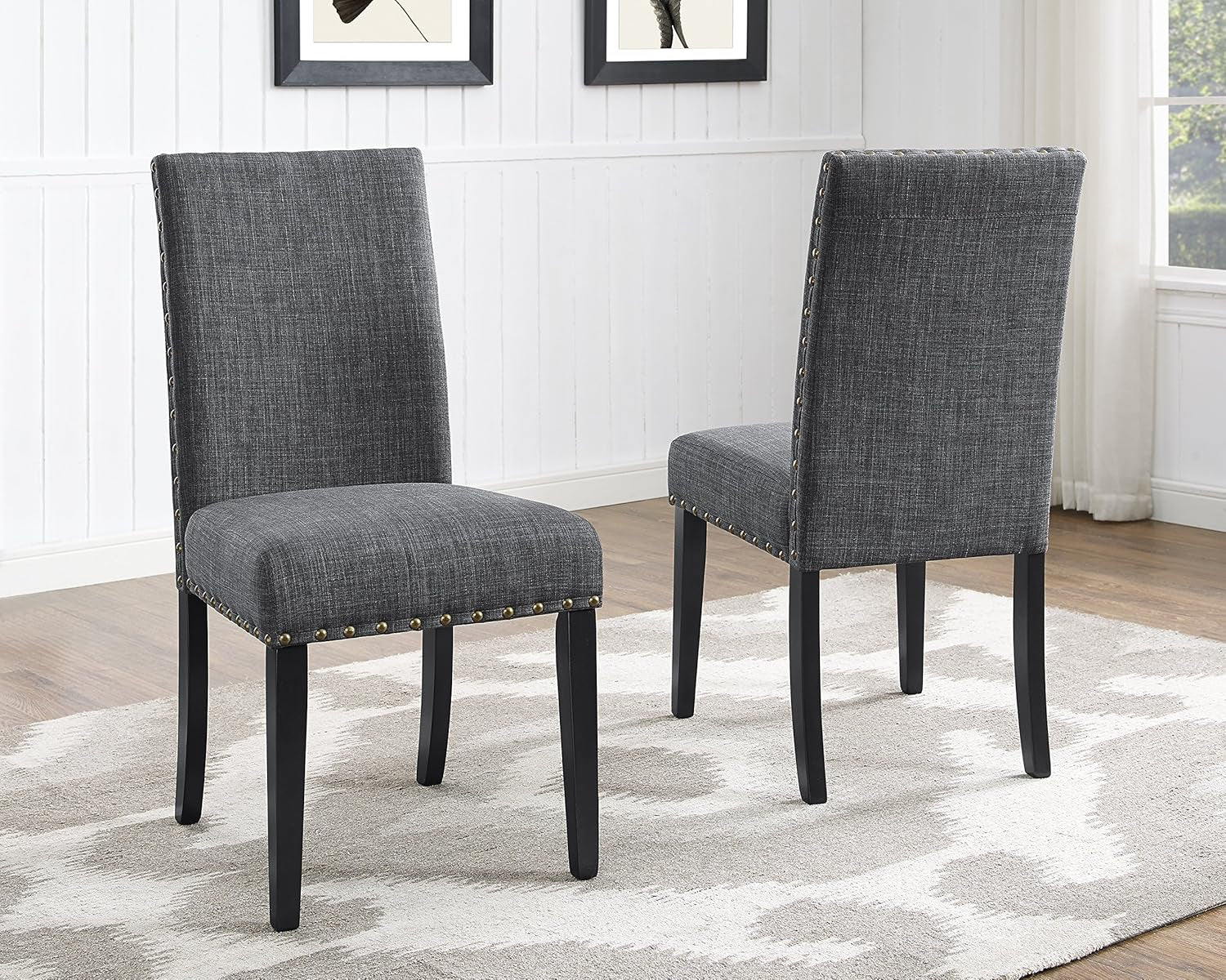 Biony Gray Fabric Dining Chairs with Nailhead Trim, Pack of 2-0