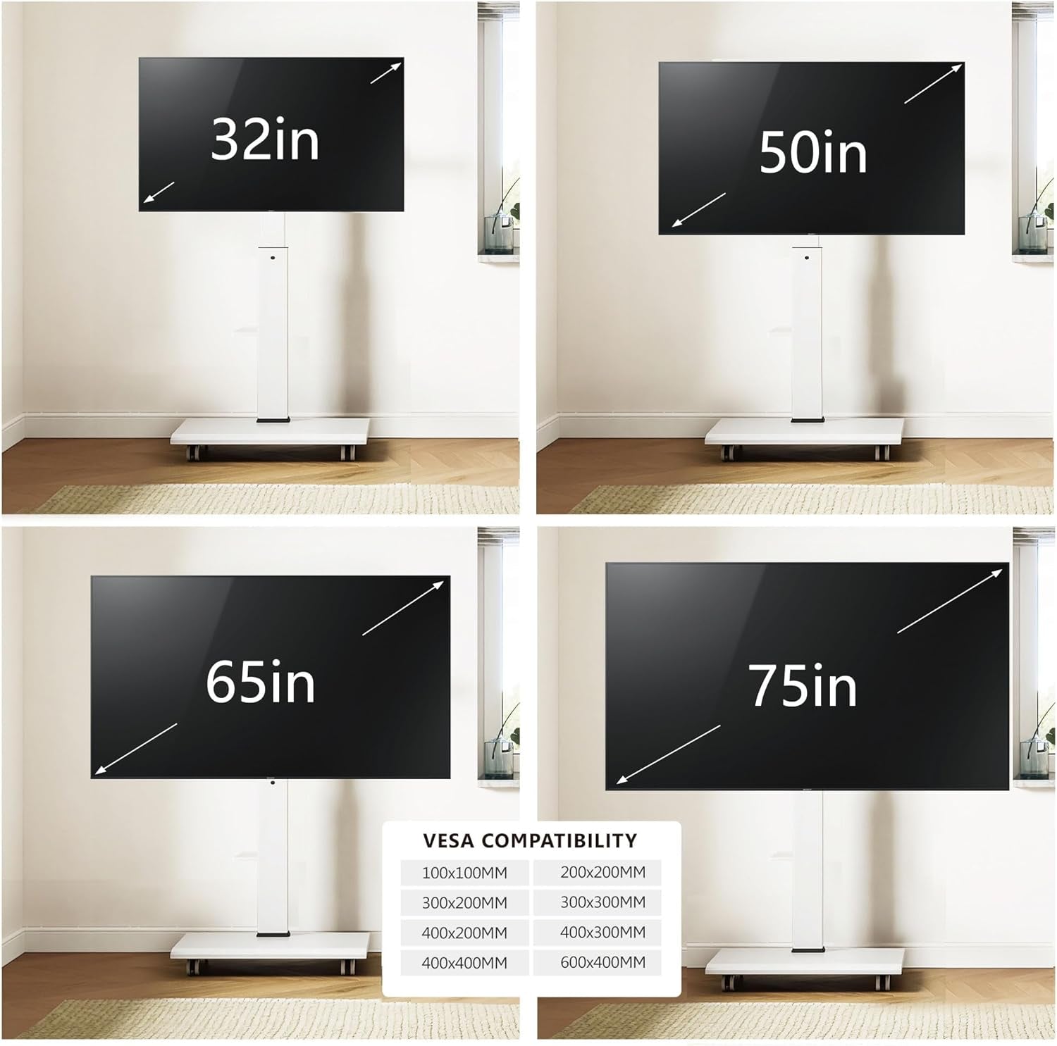 Rolling TV Stand - Portable Mobile TV Cart on Wheels for 32 to 65 70 75 Inch Tvs, Landscape to Portrait Rotating and 40°Swivel, Height Adjustable TV Cart Rolling TV Stand Hold up to 88 Lbs-4