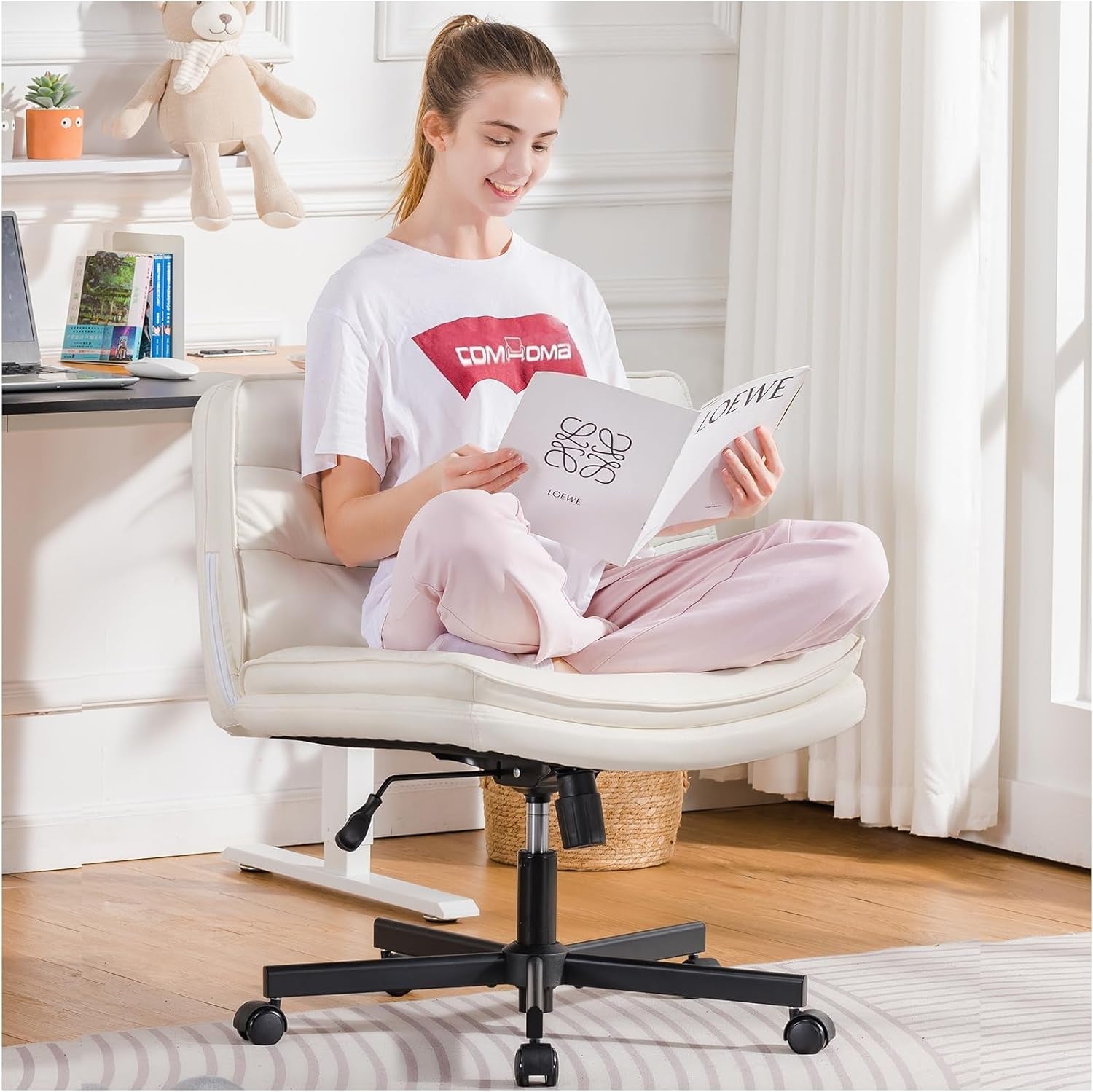Criss Cross Chair with Wheels, Armless Wide Cross Legged Office Chair Mid Back, Modern Home Office Desk Chair Swivel Adjustable Vanity Computer Chair, Beige-0