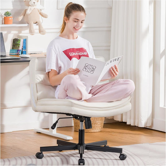 Criss Cross Chair with Wheels, Armless Wide Cross Legged Office Chair Mid Back, Modern Home Office Desk Chair Swivel Adjustable Vanity Computer Chair, Beige-0