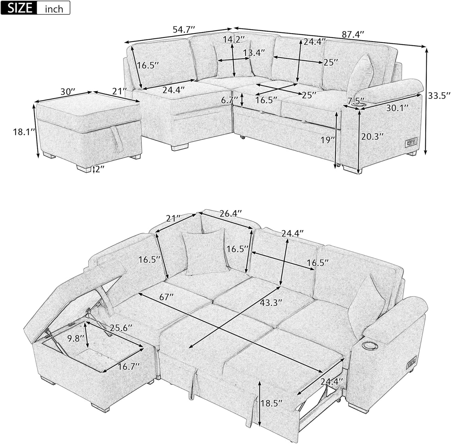 Beige Pull Out Sleeper Sofa Bed with Storage-1