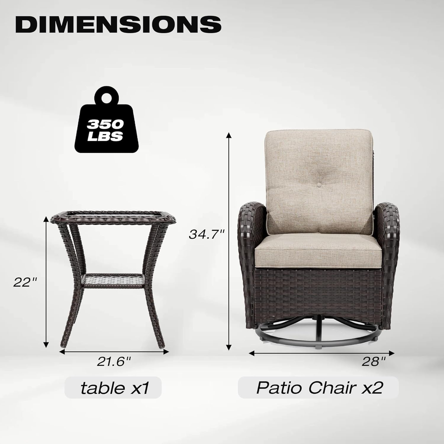 Outdoor Swivel Rocker Chairs, 3 Piece Wicker Patio Set with Thick Cushion and Side Table, Rattan Patio Swivel Rocking Chairs for Porch, Deck Use (Brown/Beige, 3 PCS)-2