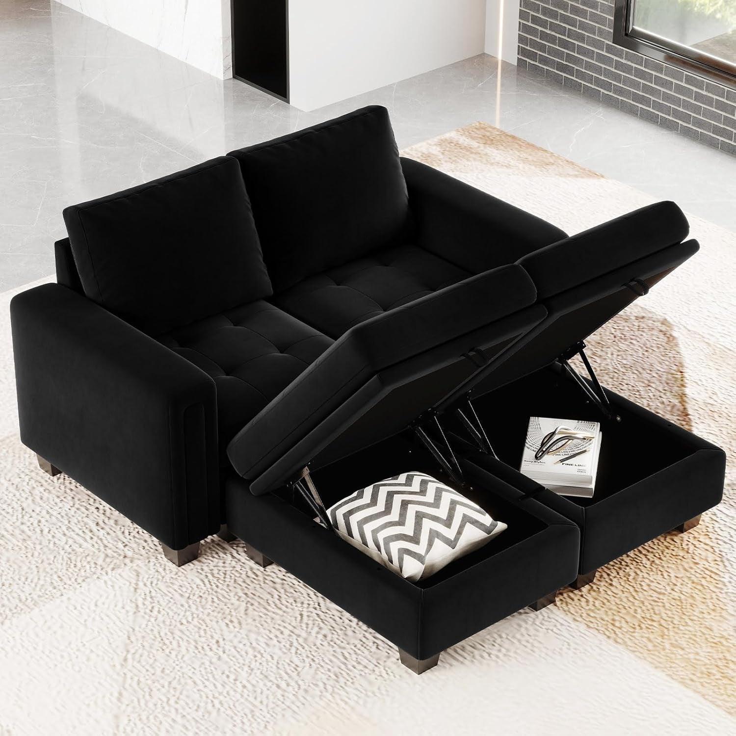 Velvet Modular Sectional Sofa Couch with Storage Convertible Sectional Sleeper Sofa Couch Bed Set with Reversible Chaise Black-3
