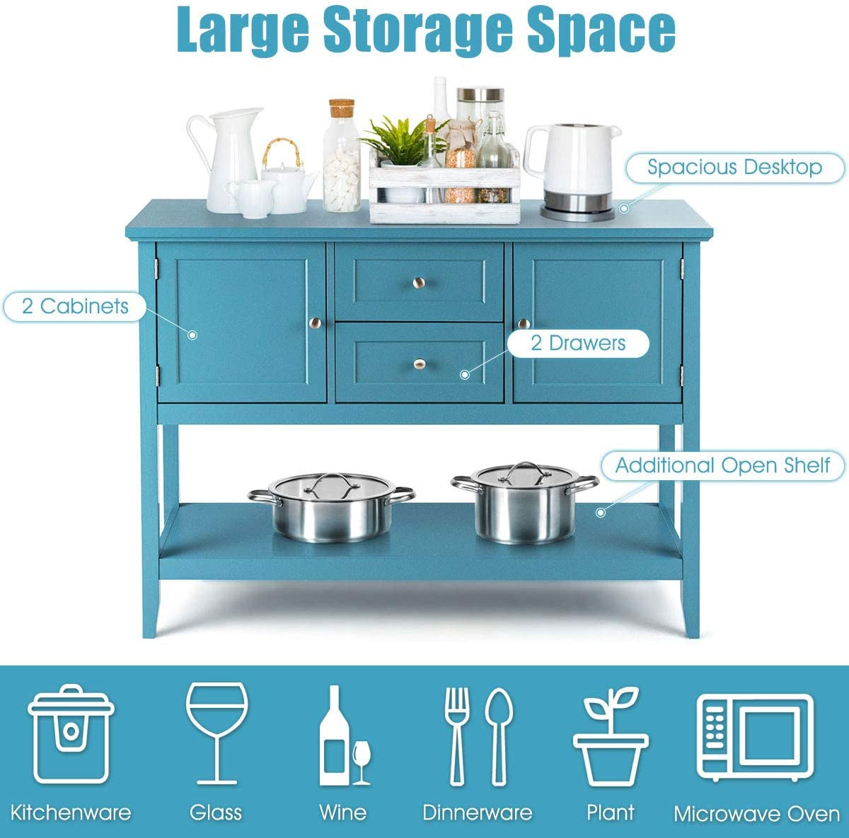 Aqua Wood Buffet Sideboard with Cabinets and Drawers-4