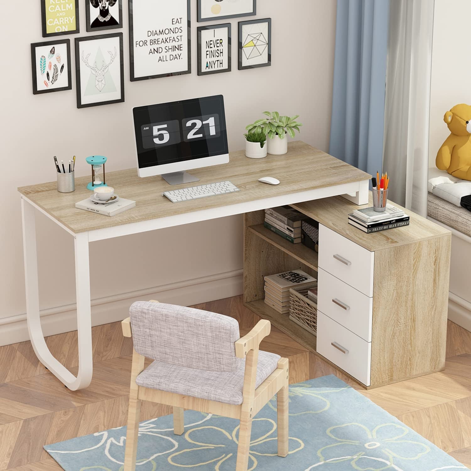 Home Office Corner Desk, Large with Drawers, Walnut-0