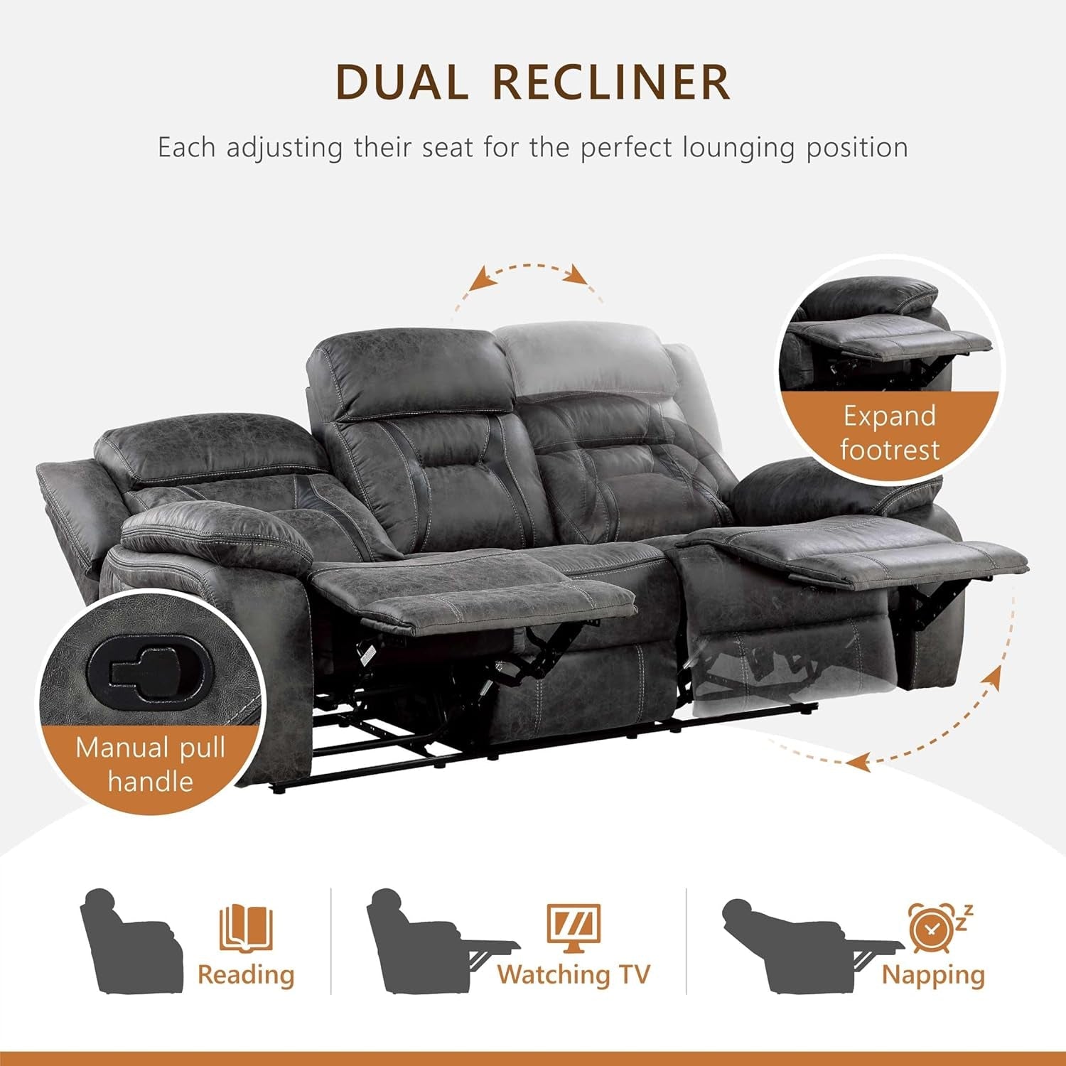 Reclining Couch, Polished Microfiber Manual Double Recliner Sofa, Gray-4