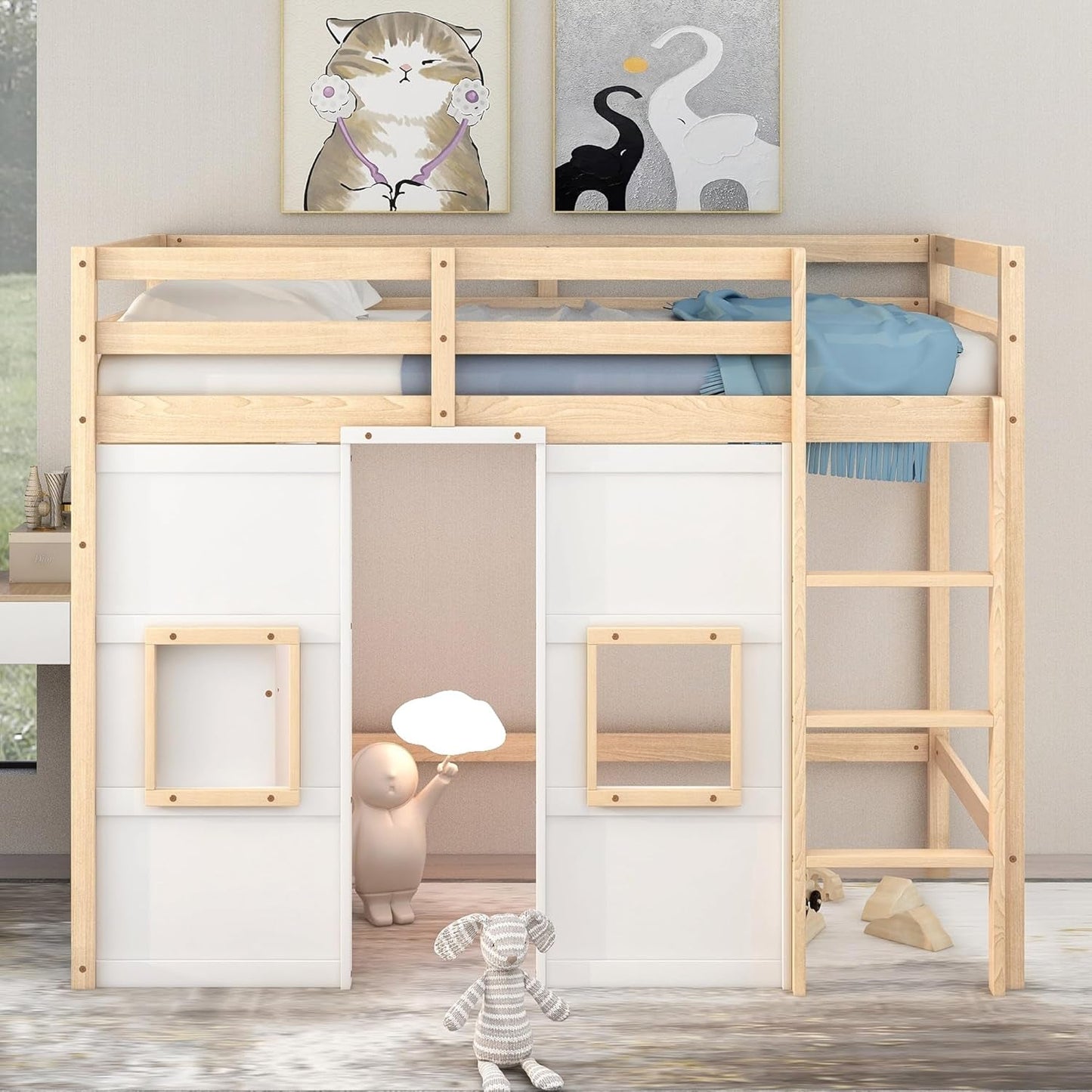 Playhouse Design Twin Size Loft Bed with Built-In Storage Wardrobe and 2 Windows, Solid Wood Loft Bed Frame with Safety Guardrail for Kids Teens Boys Girls, Space-Saving (Whit+Natural)-0