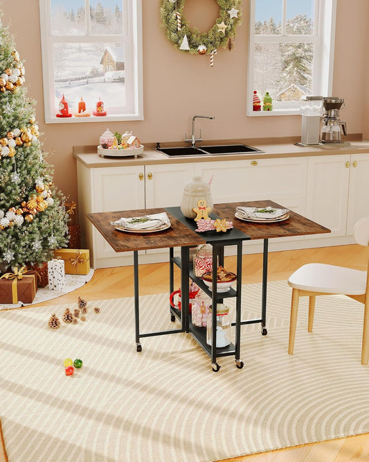 Folding Dining Table, Movable Dining Table, Expandable Kitchen Table, Versatile Table with 6 Wheels and 2-Tier Shelf, for Dining, Living Room, Apartment, Rustic Brown TCZ01BF-1