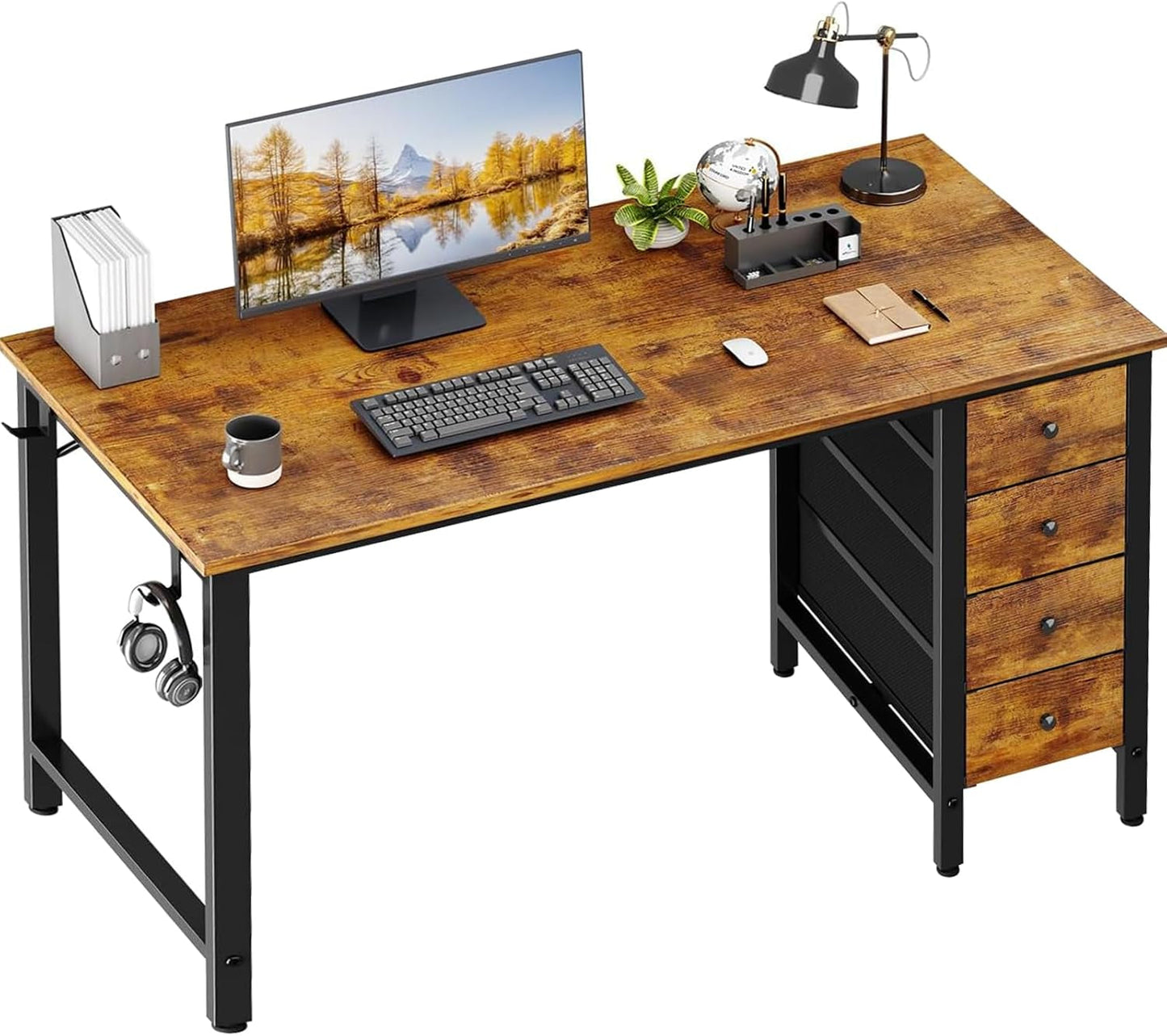 Computer Desk with Fabric Drawers - 55 Inch Long Study Work Writing Desk for Home Office Bedroom, Simple Modern Cute PC Desks with Drawer, Rustic Brown-0