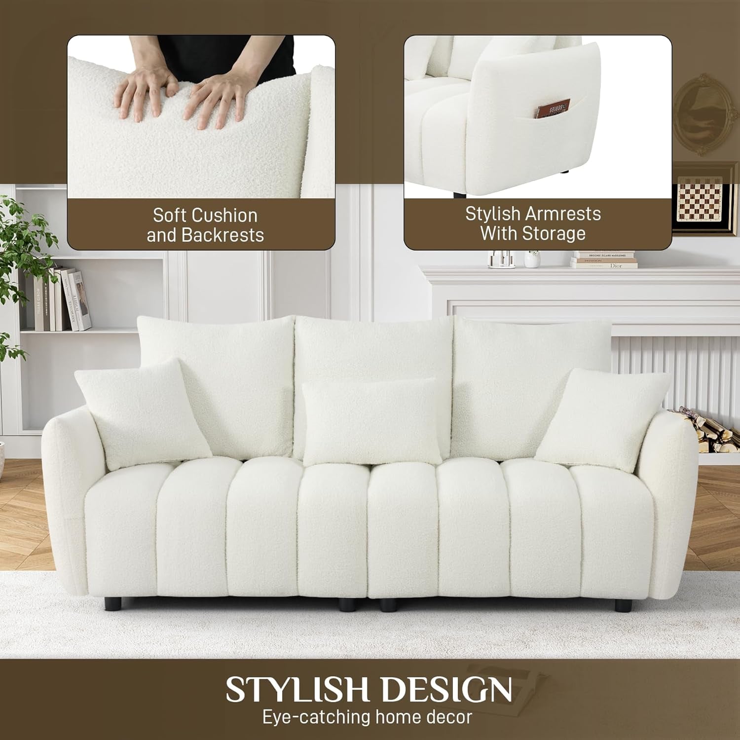 Boucle Sofa Cloud Couch, 80.2" Modern Comfy Teddy Sofa Deep Seat Futon Couch with Pillows, Soft Upholstered 3 Seater Sofa Oversized Loveseat Sofas for Living Room, Apartment, Beige-3