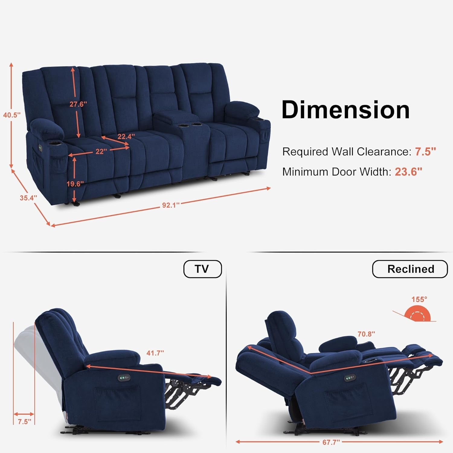 Power Reclining Sofa with Heat and Vibration,Usb Ports, Cup Holders,3-Seat Dual Recliner Sofa with Console for Living Room 6035 (Navy Blue)-2