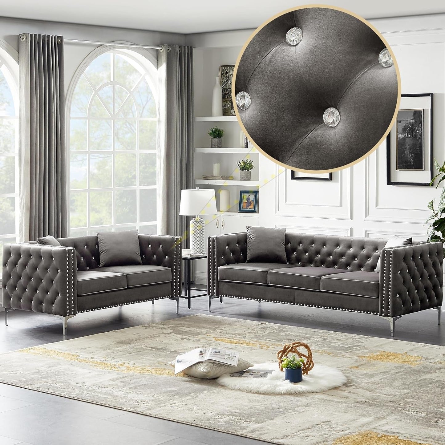 2-Piece Grey Velvet Upholstered Living Room Furniture Set, Including 3-Seater Sofa and Loveseat with Jeweled Buttons, Square Arm, Four Pillows Included for Living Room, Office-0