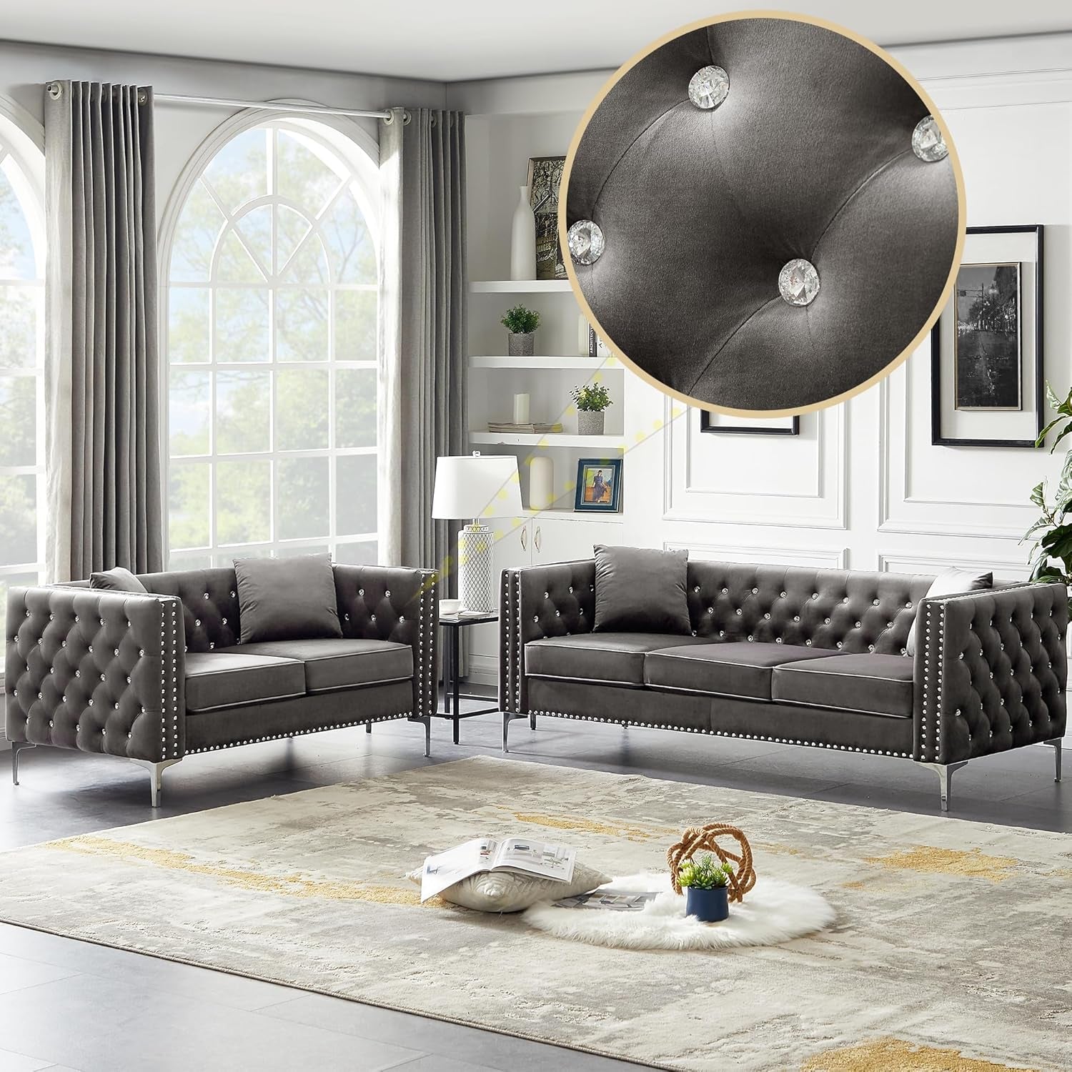 2-Piece Grey Velvet Upholstered Living Room Furniture Set, Including 3-Seater Sofa and Loveseat with Jeweled Buttons, Square Arm, Four Pillows Included for Living Room, Office-0