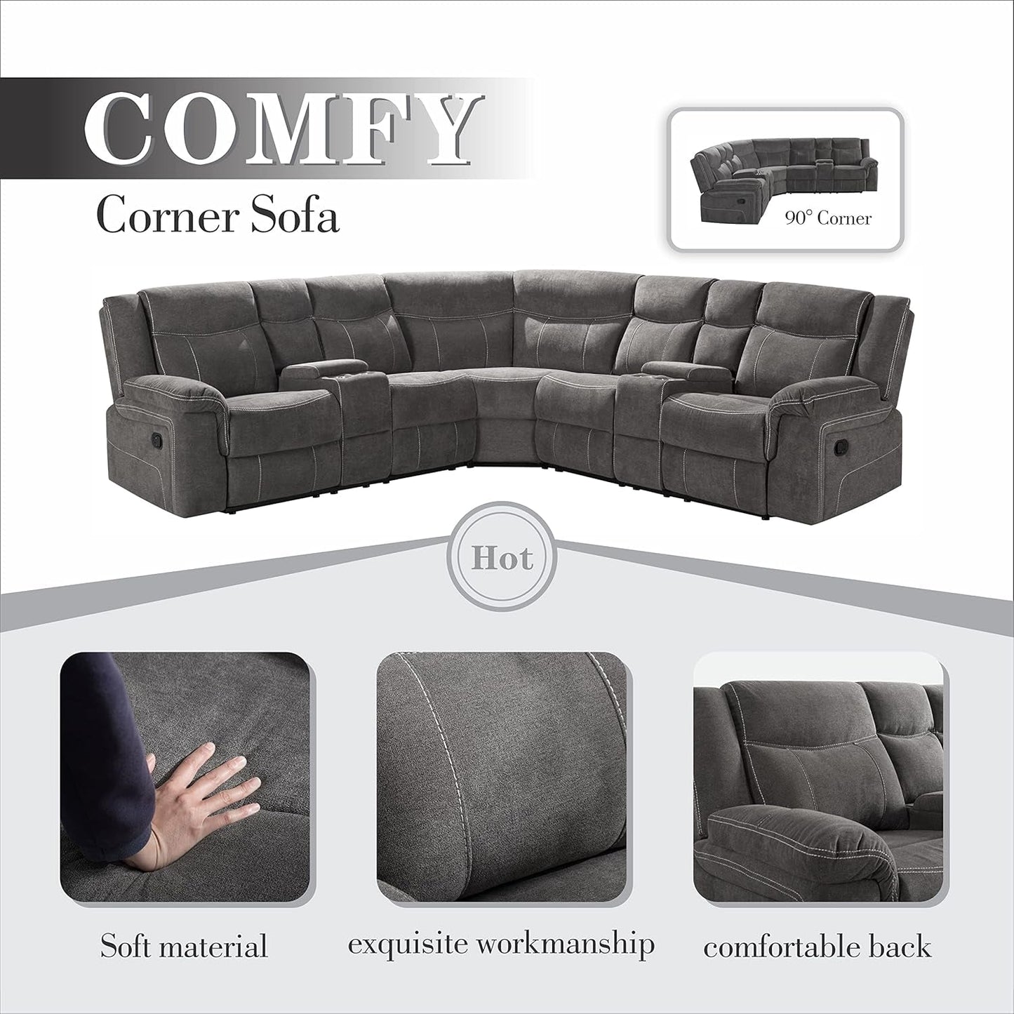 Manual Reclining Sectional Sofa  Premium Fabric, Console-2