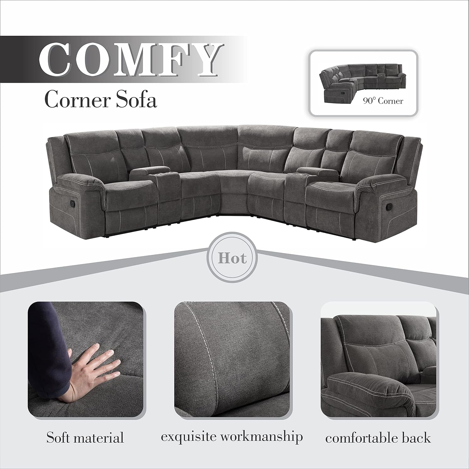 Manual Reclining Sectional Sofa  Premium Fabric, Console-2