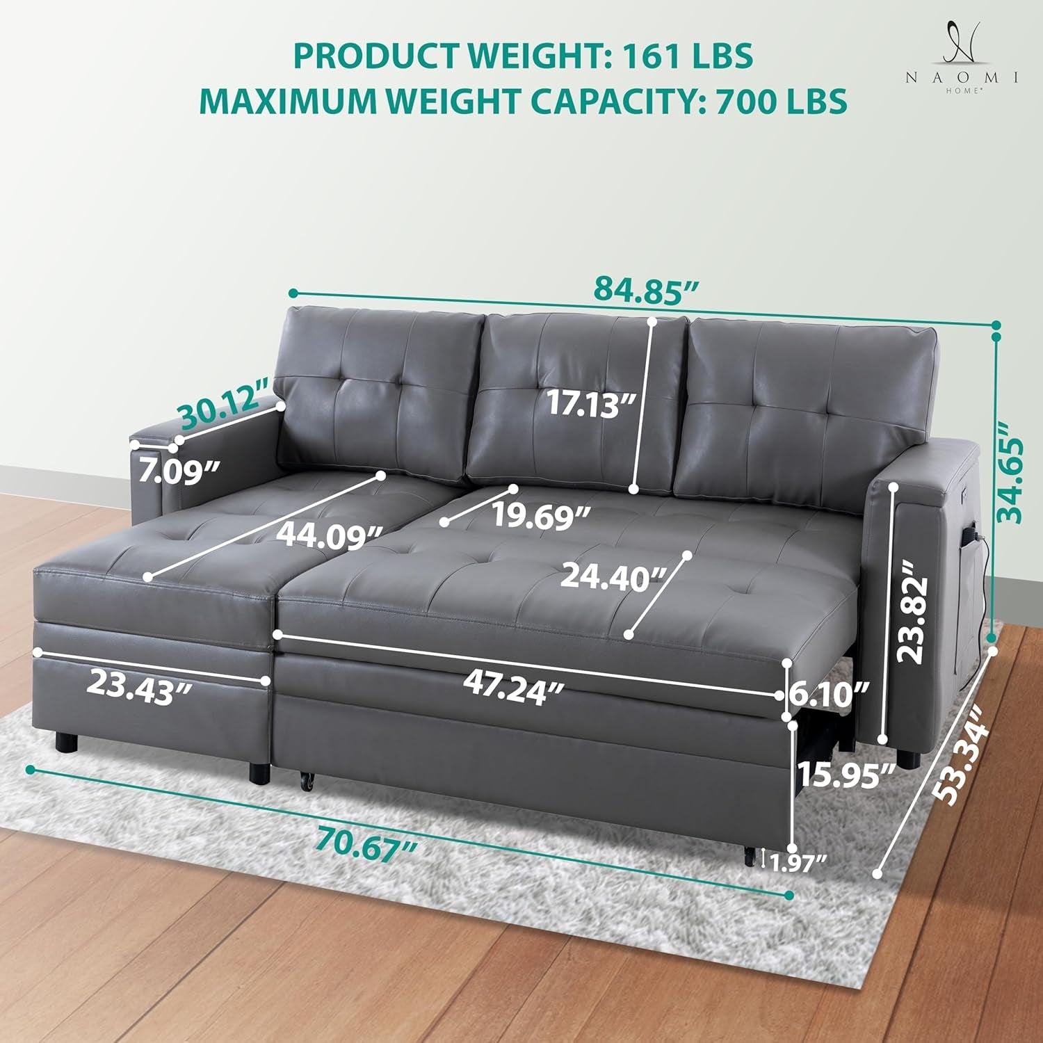 L-Shaped Sectional Sleeper Sofa with USB Ports - Convertible Pull-Out Bed, Ample Storage, Timeless Design, Durable Construction, Gray/Air Leather-1