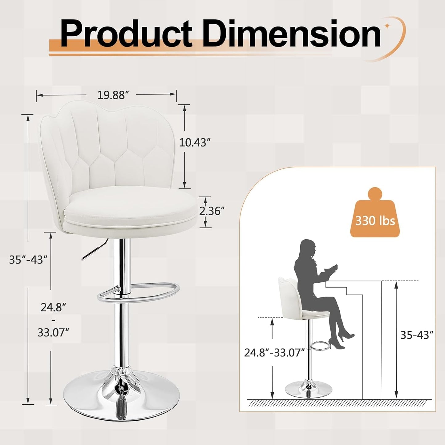 Bar Stools Set of 4, Adjustable Barstools with Back, Velvet Armless Counter Height Stool Kitchen Island Stool Swivel Bar Stools, White-2