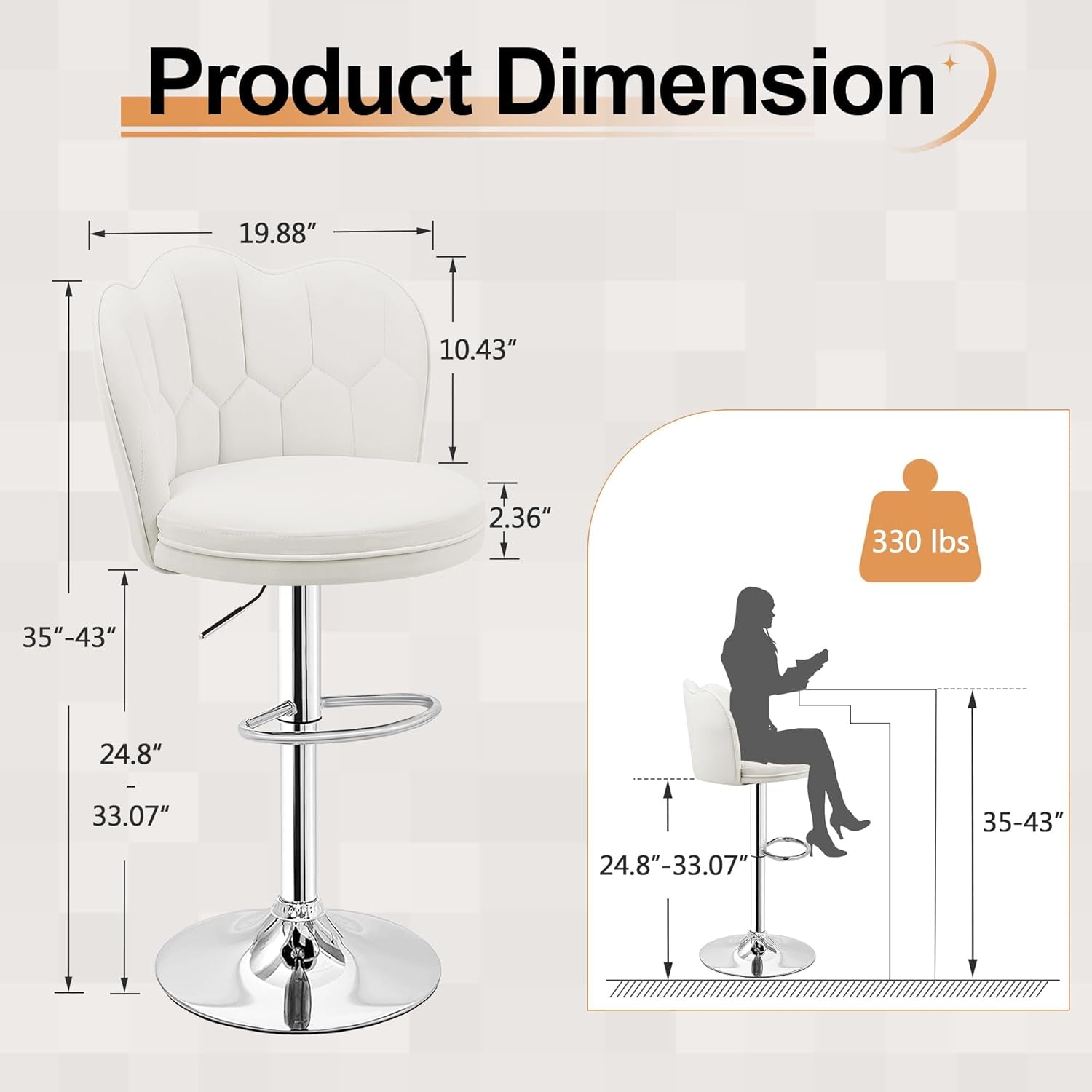 Bar Stools Set of 4, Adjustable Barstools with Back, Velvet Armless Counter Height Stool Kitchen Island Stool Swivel Bar Stools, White-2