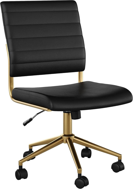 Ivy Armless Swivel Task Chair for Home Office in Black Faux Leather with Polished Brass Frame-0