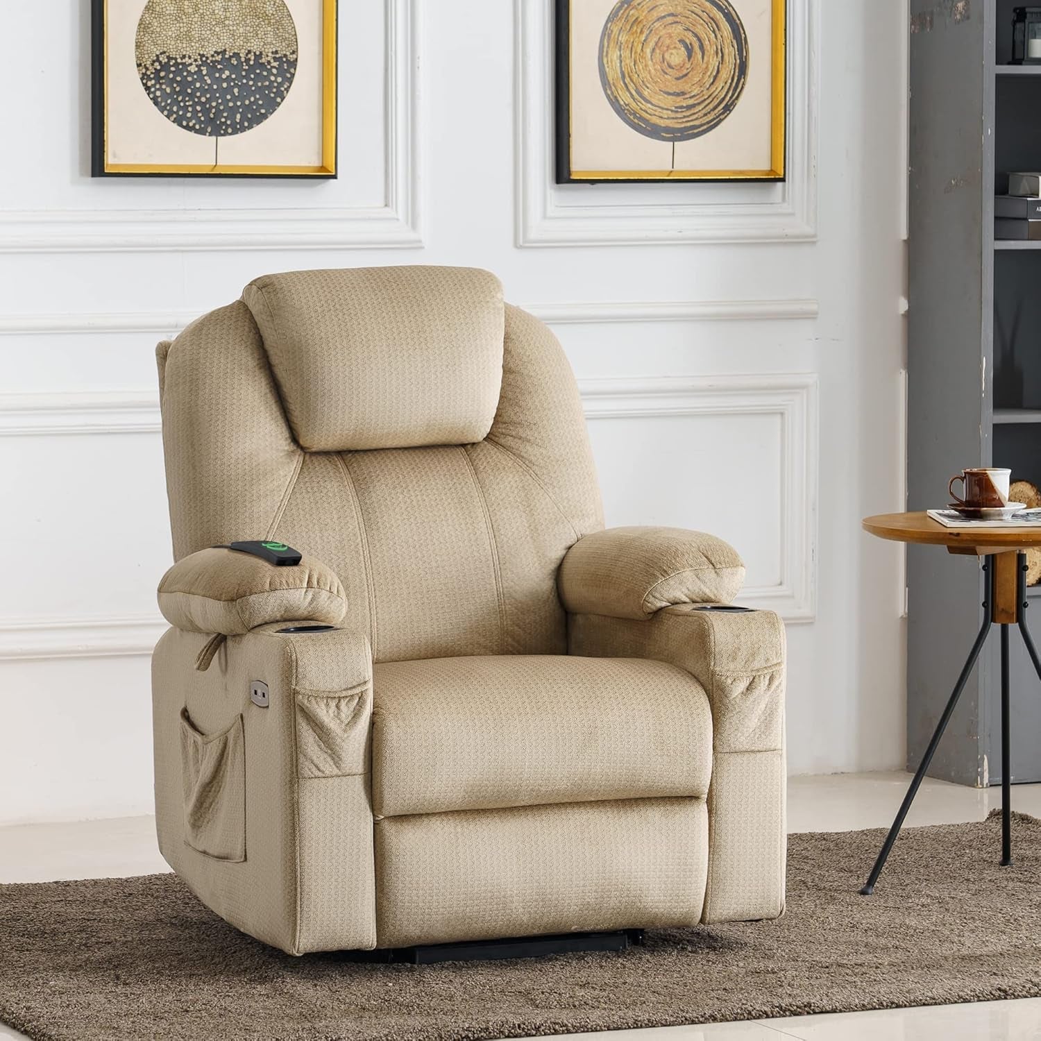 Medium Power Lift Recliner Chair Sofa with Massage and Heat for Elderly, 3 Positions, Cup Holders, and USB Ports, 2 Side Pockets, Fabric 7040 (Medium, Beige)-1