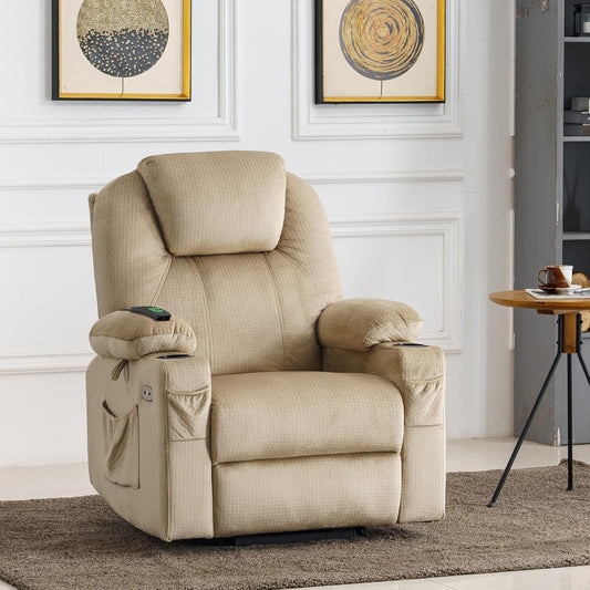 Medium Power Lift Recliner Chair Sofa with Massage and Heat for Elderly, 3 Positions, Cup Holders, and USB Ports, 2 Side Pockets, Fabric 7040 (Medium, Beige)-1
