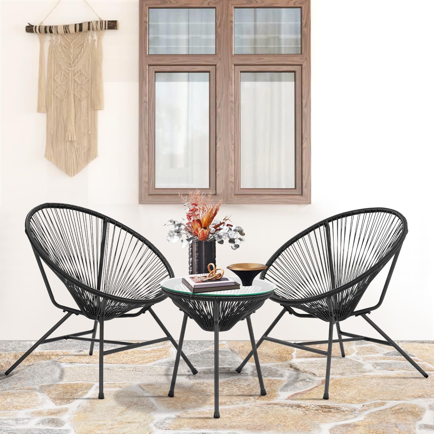 Acapulco Patio Bistro Set 3-Piece Outdoor Furniture Set All-Weather Woven Rope Patio Conversation Set with Glass Top Table and 2 Chairs (Black)-1