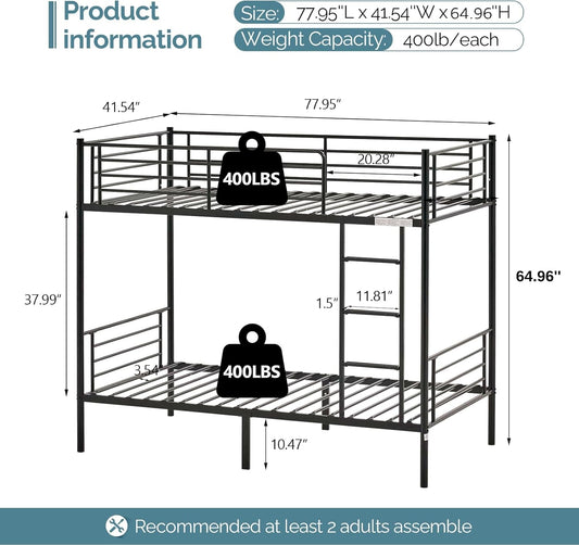 Bunk Bed Twin over Twin for Kids/Teens/Adults Heavy Duty Bunk Bed with Flat Ladder and 13 Inches High Guardrail, Metal Bunk Bed with Stairs, Black-1