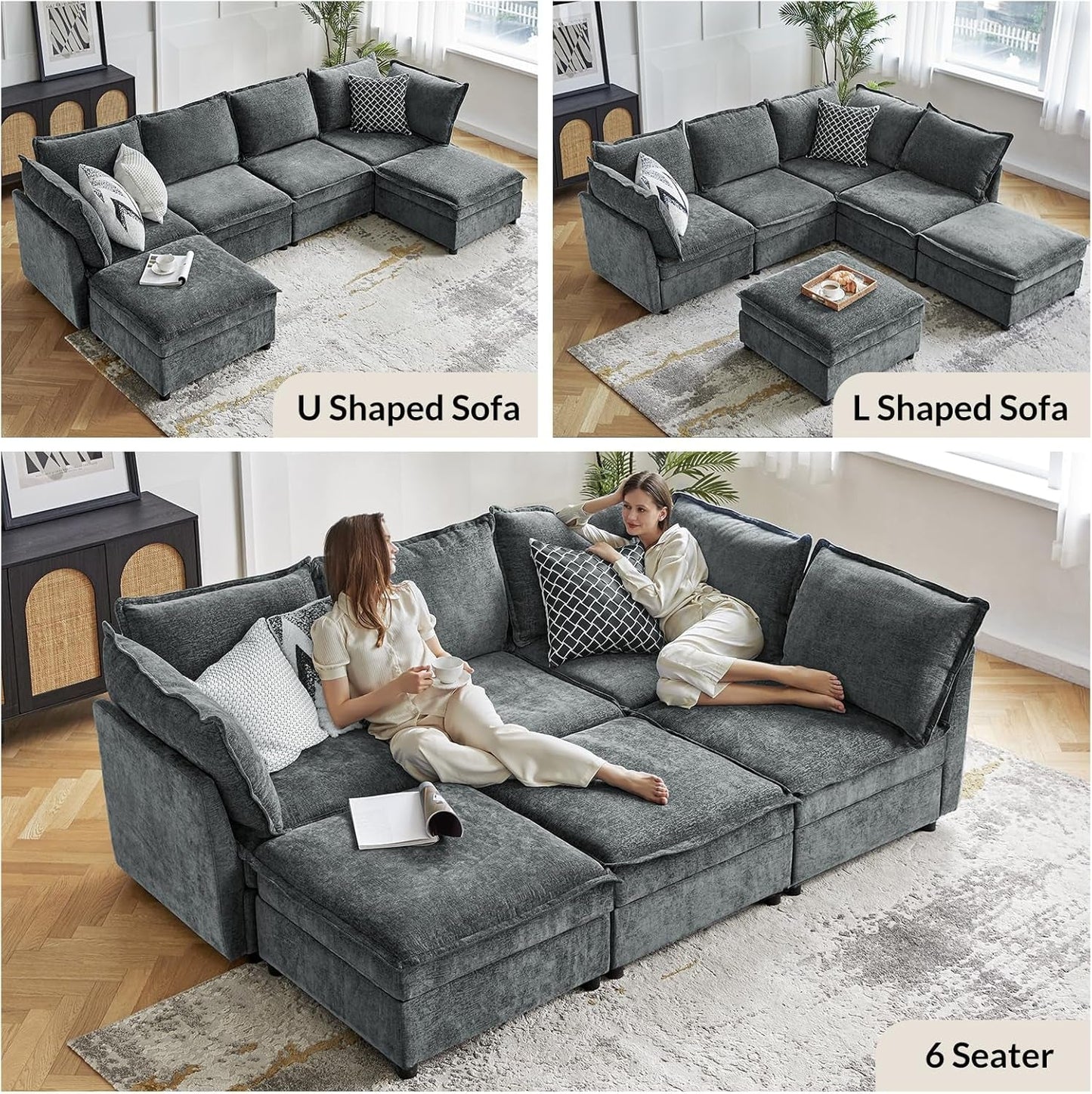 127'' Modular Sectional Sofa, Oversized U Shaped Couch with Storage Ottoman, Extra Deep Seat, Modern Comfy Chenille Sofa with Chaise, 6 Seat Convertible Couches for Living Room, Grey-2