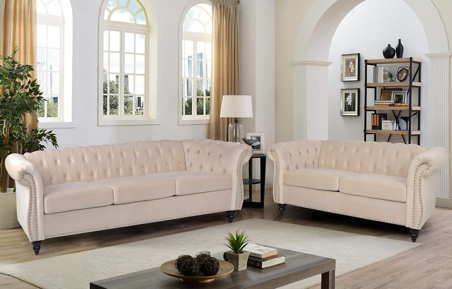 3 Pieces of Living Room Furniture Sofa Sets, Modern Velvet Chesterfield Sofa&Chesterfield Club Chair&Chesterfield Loveseat Sofas Set with Nailhead Trims Scroll Arms for Living Room (Beige)-3