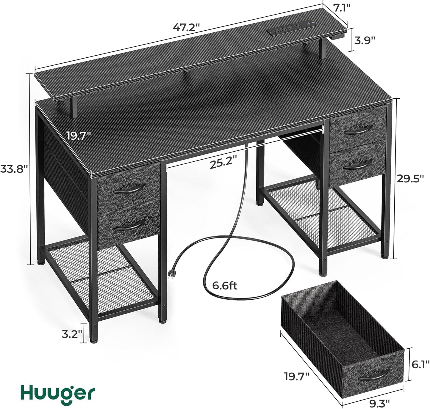 47 Inch Computer Desk with 4 Drawers, Gaming Desk with LED Lights & Power Outlets, Home Office Desk with Large Storage Space for Bedroom, Work from Home, Carbon Fibre Black-1