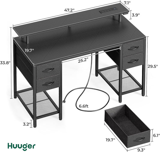 47 Inch Computer Desk with 4 Drawers, Gaming Desk with LED Lights & Power Outlets, Home Office Desk with Large Storage Space for Bedroom, Work from Home, Carbon Fibre Black-1
