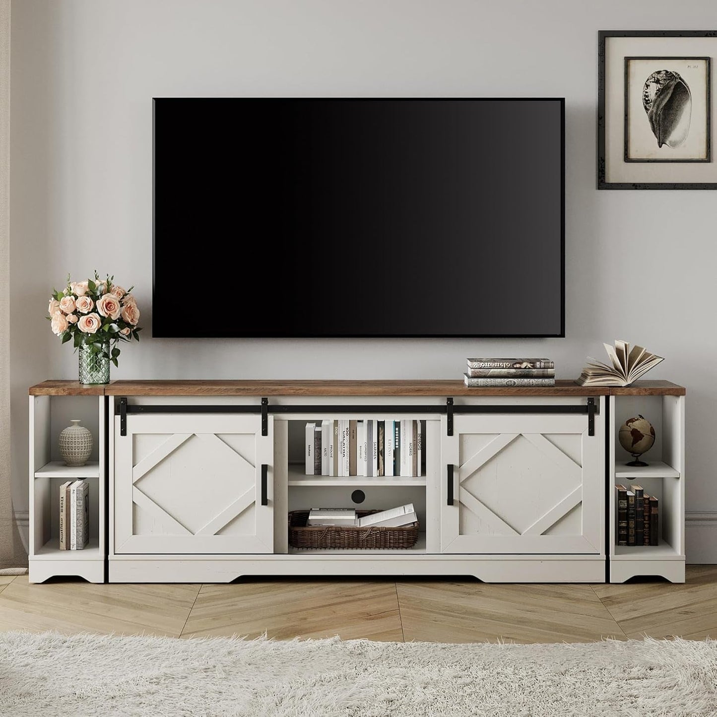 Modern Farmhouse 3 in 1 TV Stand for up to 95" Tvs Wood Entertainment Center with Open Storage for Living Room,Antique White-0