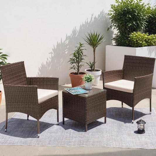 3 Pieces Patio Dining PE Rattan Wicker Chair Furniture Set with Cushion and Glass Coffee Table for Outdoor Garden Backyard Poolside, Brown and Beige-1