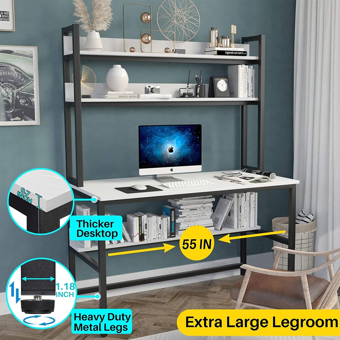 55-Inch White Desk with Hutch and Bookshelf-2