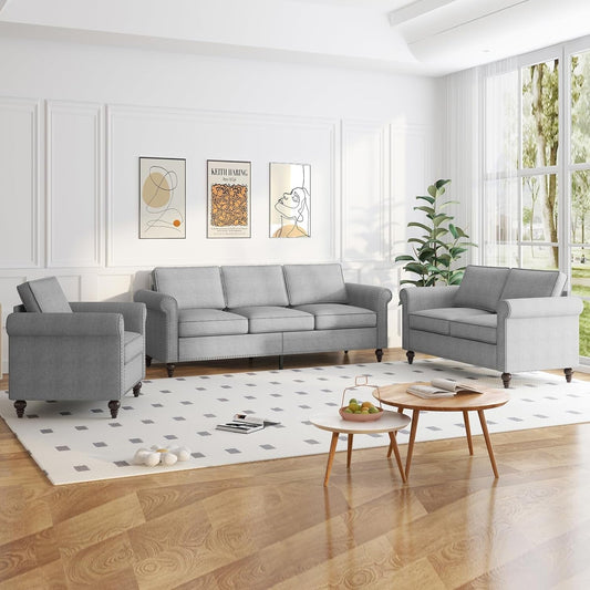 Living Room Couch Set, Small Sectional Sofa Couch, Includ Loveseat Armchair and 3 Seat Sofa, Mid-Century Riveted Accent Couches for Living Room, Wood Small Space Furniture Sets - Light Grey-0