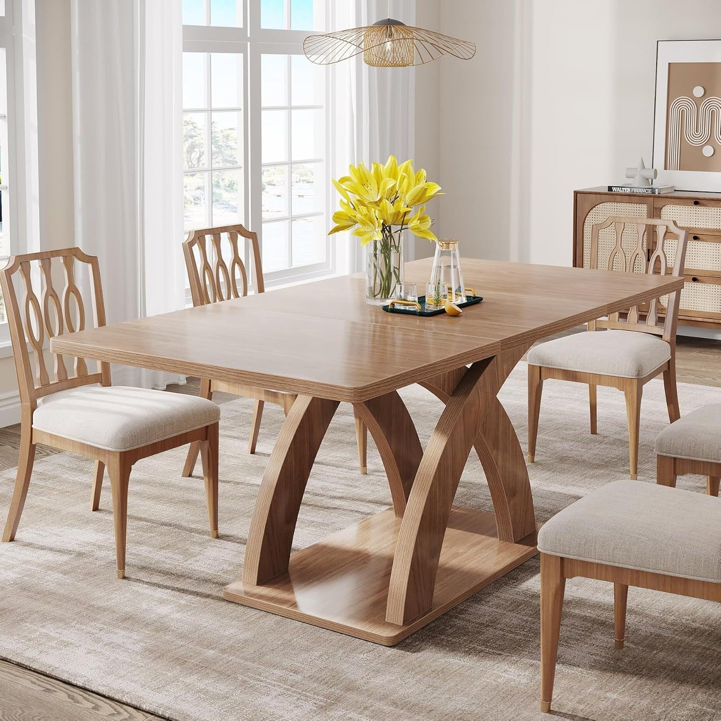 Dining Table for 4-6 People, 63" L X 31.5" W Modern Rectangular Kitchen Table with Thick Wooden Pedestal Base, Wood Dinner Table Dining Room Table-2