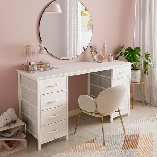 47 Inch Vanity Desk with 8 Drawers, White Desk, Makeup Desk with Large Storage, Fabric Drawers, Wooden Desktop, Computer Desk Work Desk, for Home Office, Bedroom-1