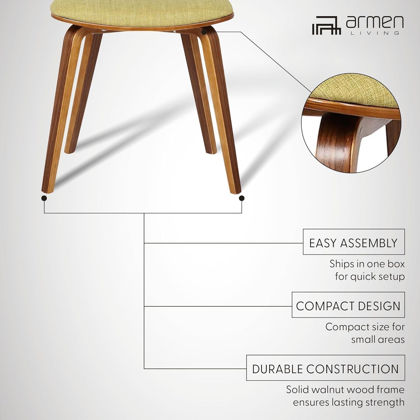 Jaguar Mid Century Modern Dining Accent Chair for Kitchen Table Desk Vanity in Green Fabric and Walnut Wood Finish-4