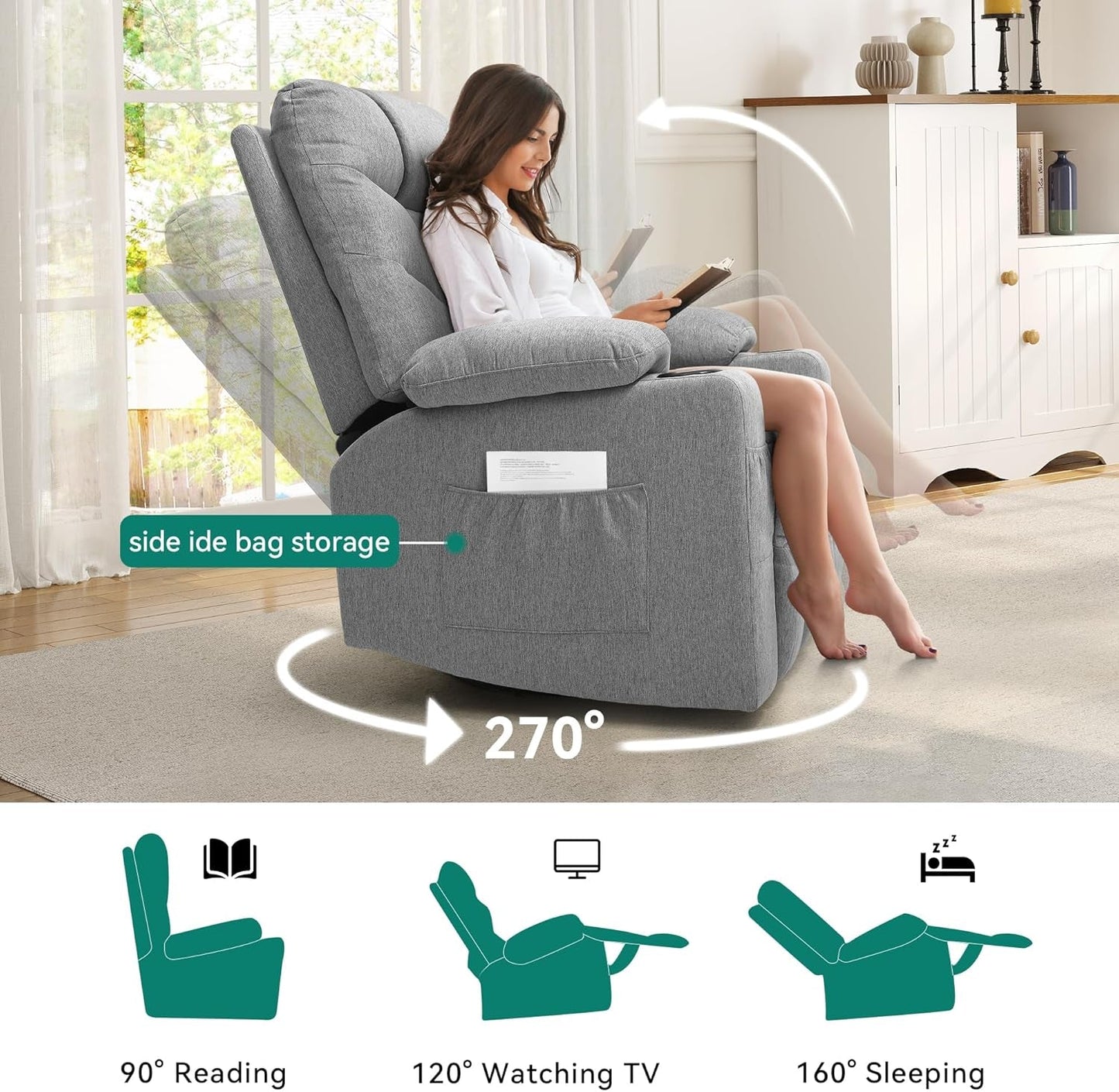 Oversized Swivel Rocking Recliner with Massage and Heat for Big and Tall, Fabric Rocker Recliner Chair with Cup Holders and Side Pocket, Comfy Home Theater Seating for Living Room, Gray-2