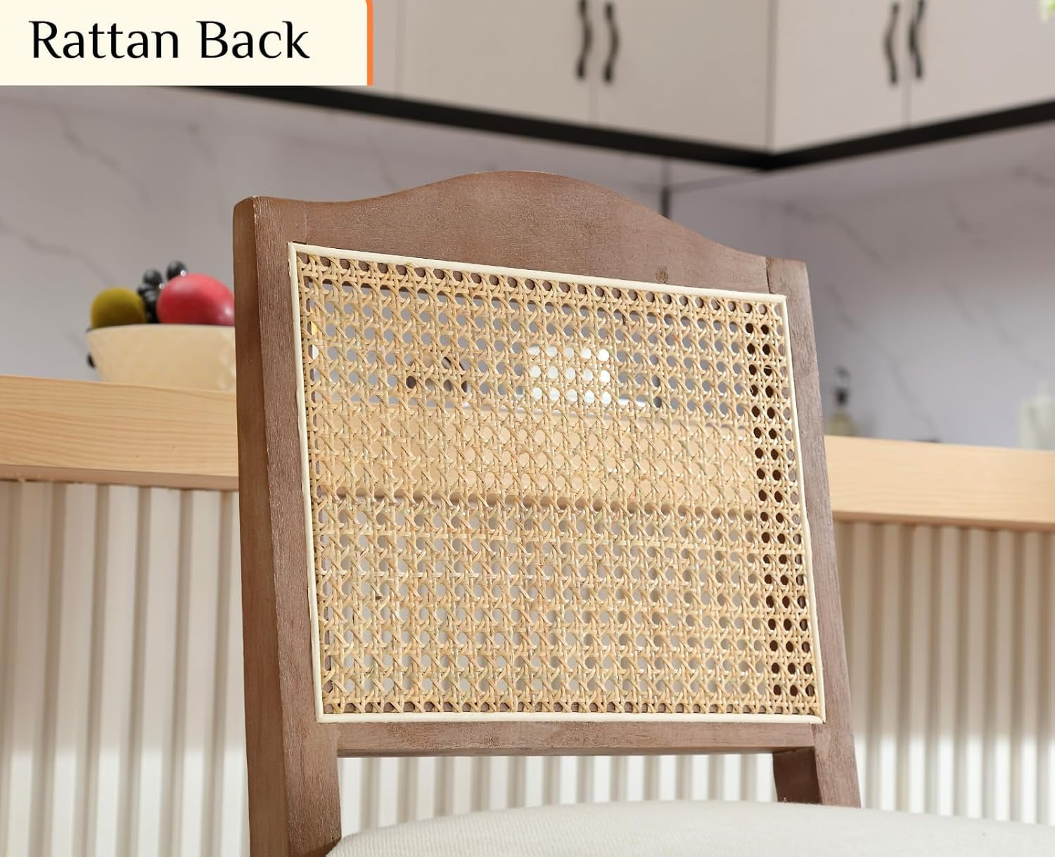 Counter Height Bar Stools Set of 2 Farmhouse Barstools with Rattan Back Linen Upholstered Bar Chairs Mid Century Wood Breakfast Bar Stool Chairs for Kitchen Island, 30 Inch Beige-2