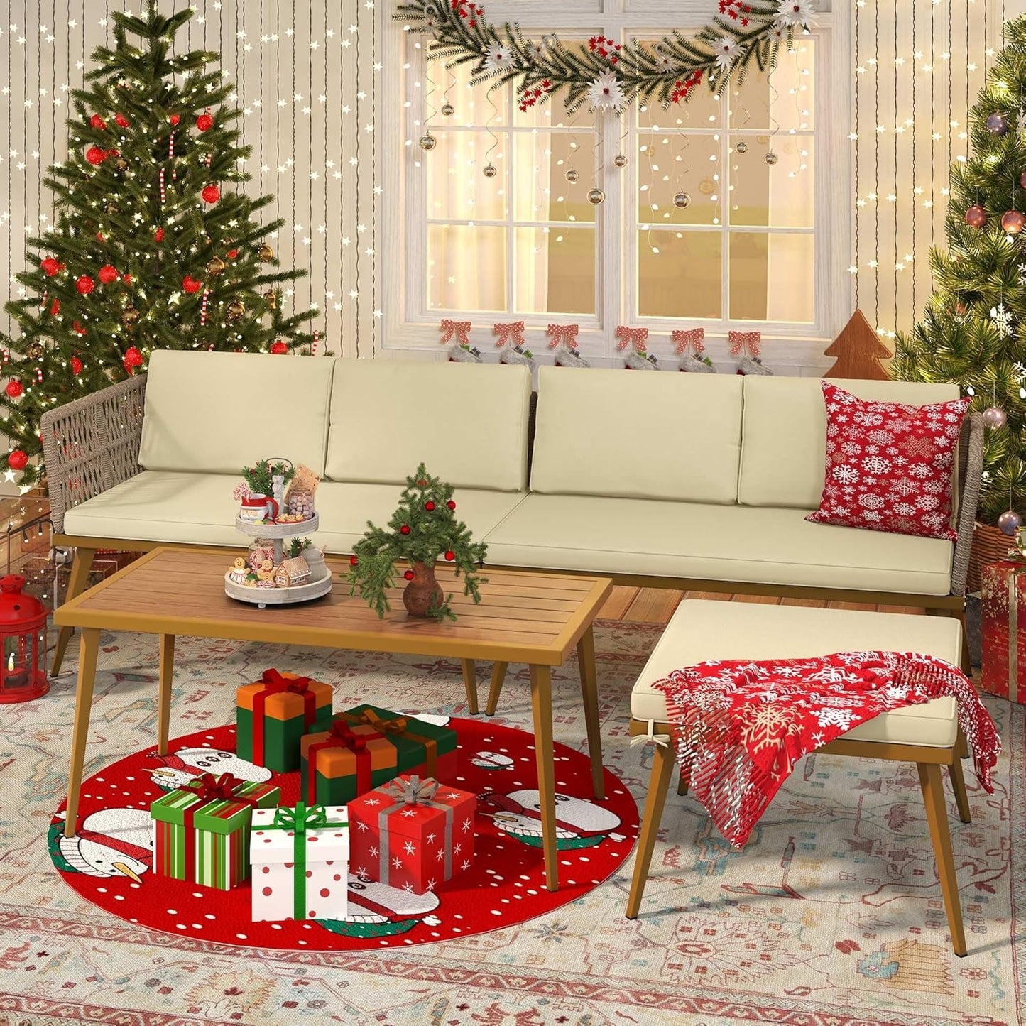 4 Pieces Patio Furniture Set, Sectional L-Shaped Sofa for Patio Backyard Poolside Porch, All-Weather Rattan Woven Conversation Set Detachable Lounger with Side Table & Cushions (Beige)-1