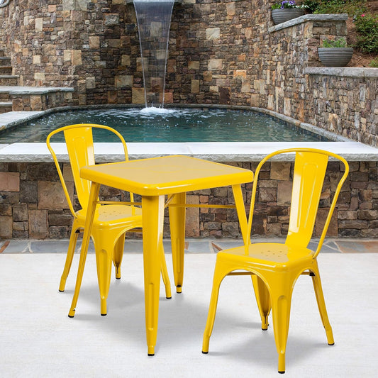 Commercial 23.75" Square Yellow Metal Indoor-Outdoor Table Set-2 Stack Chairs-0