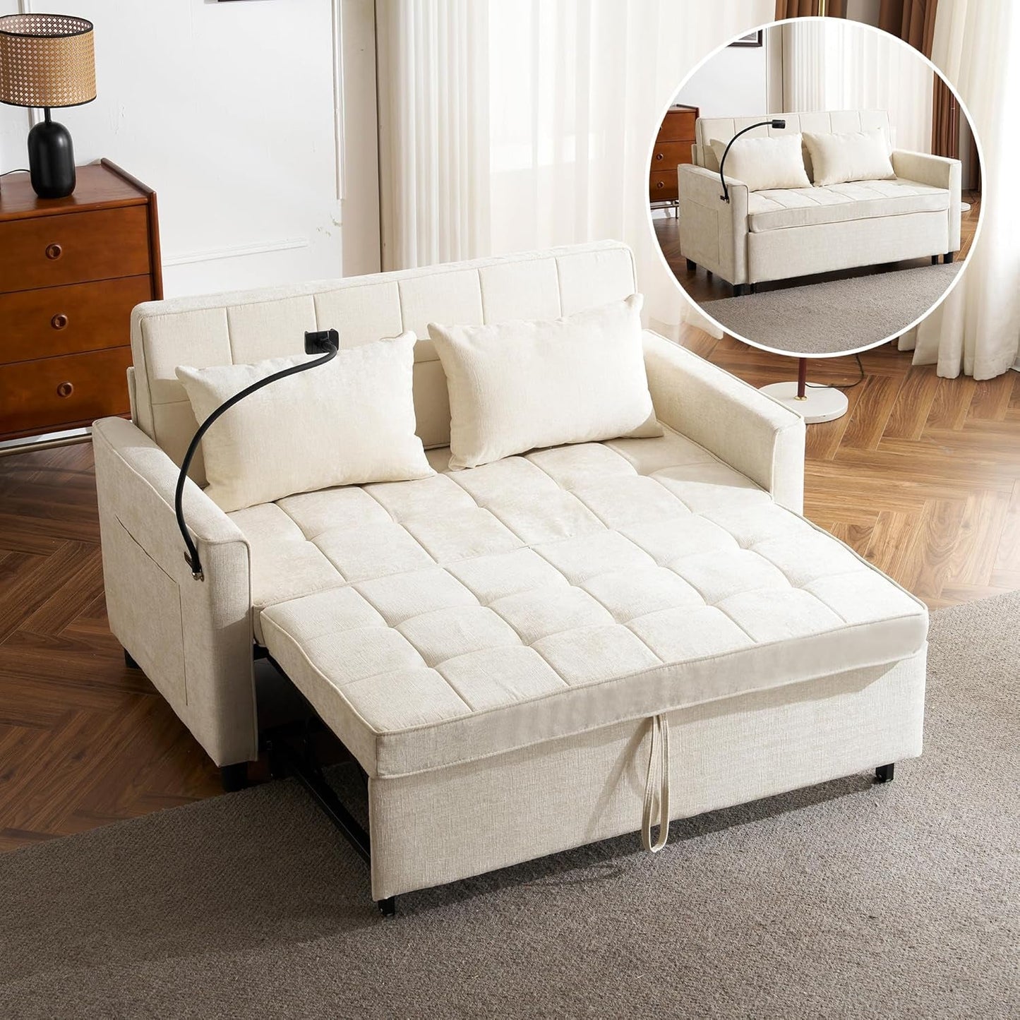 Beige Chenille Pull-Out Sleeper with USB & Holder-1