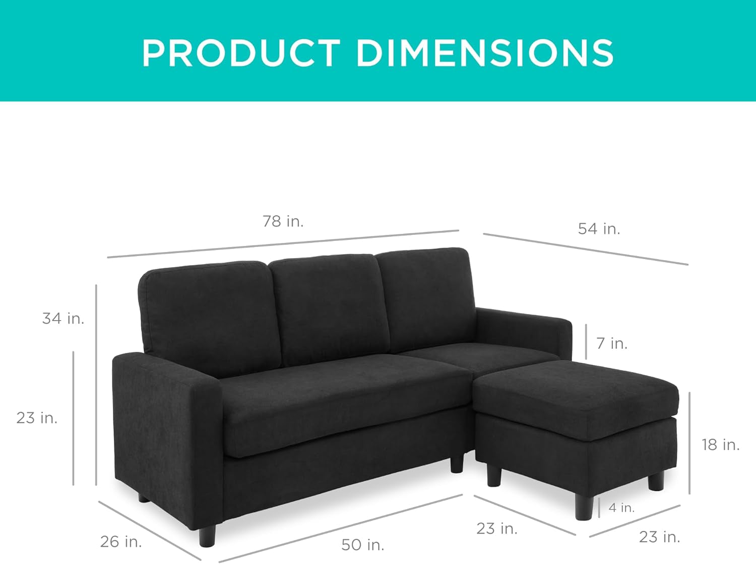 Black 3-Seat L-Shape Sectional Sofa with Ottoman-1