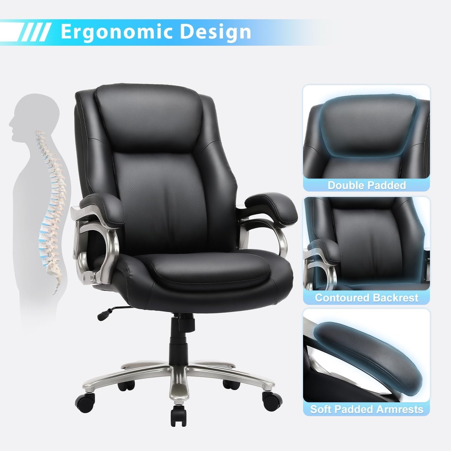 Big & Tall Office Chair 400Lbs Wide Seat- High Back PU Leather Executive Computer Desk Chair for Heavy People, Large Office Chair with Metal Base & Ergonomic Back Support- Black-4