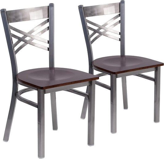2 Pk. HERCULES Series Clear Coated ''X'' Back Metal Restaurant Chair - Walnut Wood Seat-1
