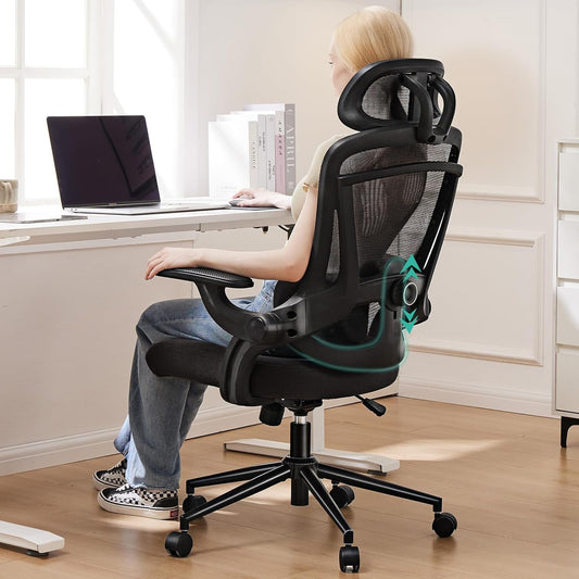 Ergonomic Mesh Office Chair, High Back Desk Chair with 2D Headrest, Up&Down Lumbar Support, Swivel Computer Task Chair with Adjustable Flip-Up Armrests,Black-1