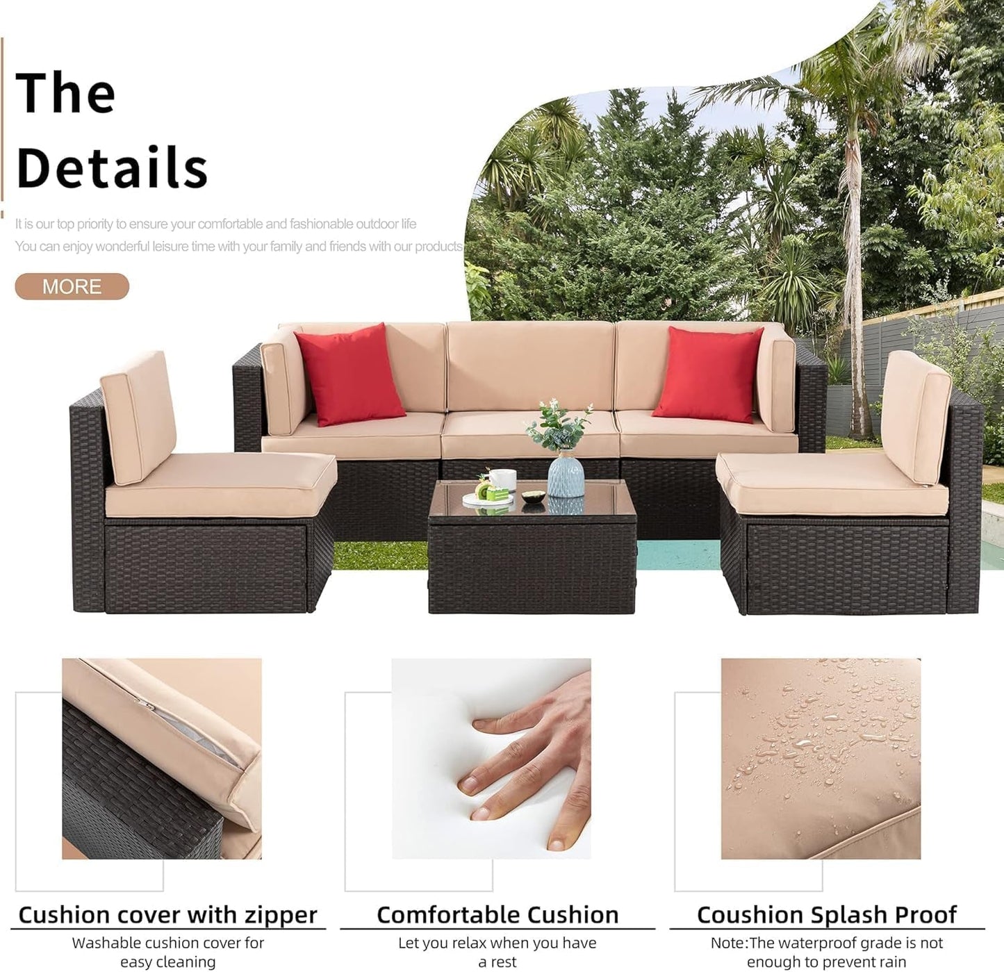 6 Pieces Patio Furniture Sets Outdoor All-Weather Sectional Patio Sofa Set PE Rattan Manual Weaving Wicker Patio Conversation Set with Glass Table&Ottoman Cushion and Red Pillows, Beige-2