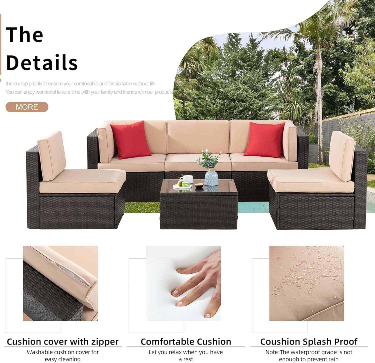 6 Pieces Patio Furniture Sets Outdoor All-Weather Sectional Patio Sofa Set PE Rattan Manual Weaving Wicker Patio Conversation Set with Glass Table&Ottoman Cushion and Red Pillows, Beige-2